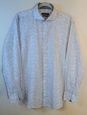 Retro Preppy Bugatchi White Shirt with Navy Micro Dot Pattern